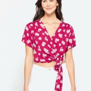 Lush Berry Ranya Faux Wrap Cropped Floral Pink Top